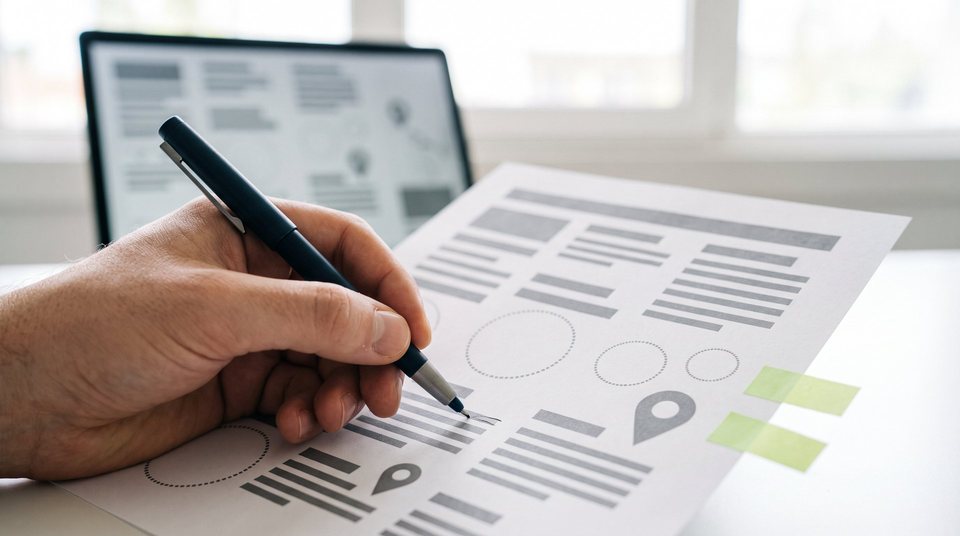 A hand with a pen marks up a printed page draft with lime-green sticky tabs, in front of a laptop
