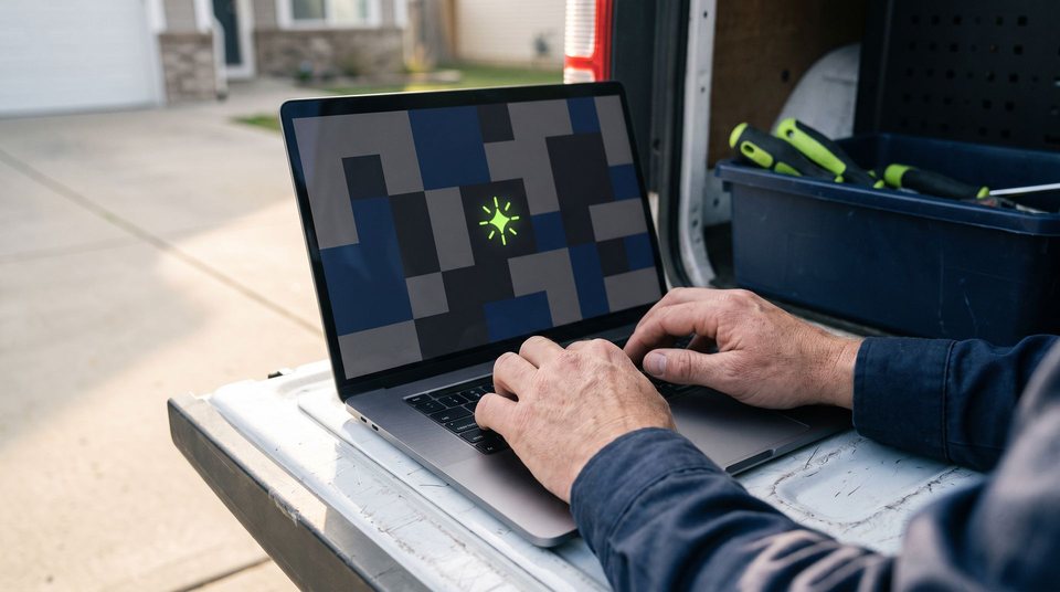 Hands typing on a laptop resting on the open tailgate of a work van, with a tool tray of green-handled tools beside it