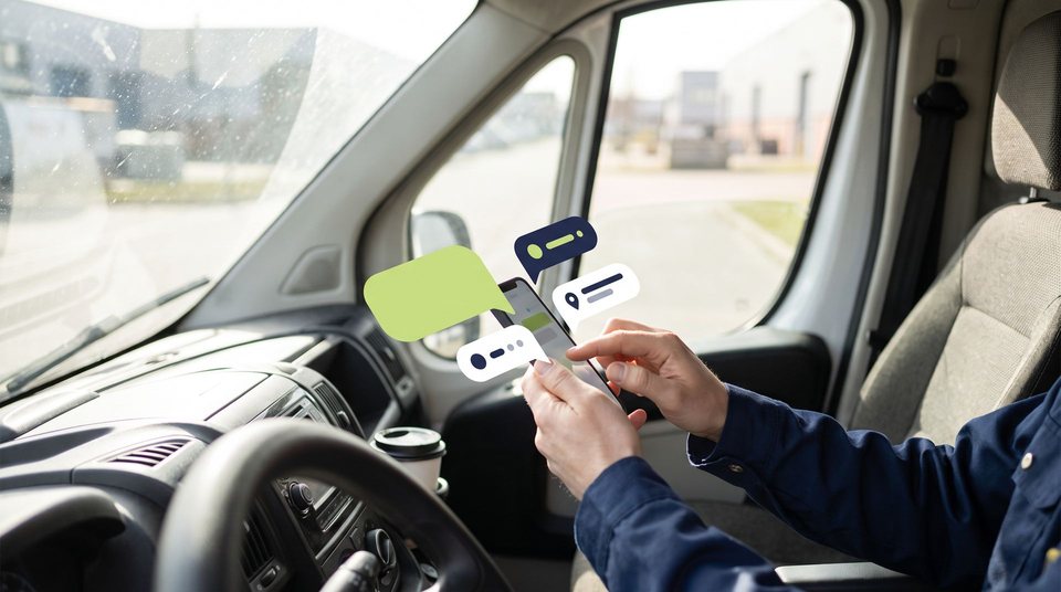In the cab of a parked work van, a person holds a phone with floating message bubbles showing a customer conversation