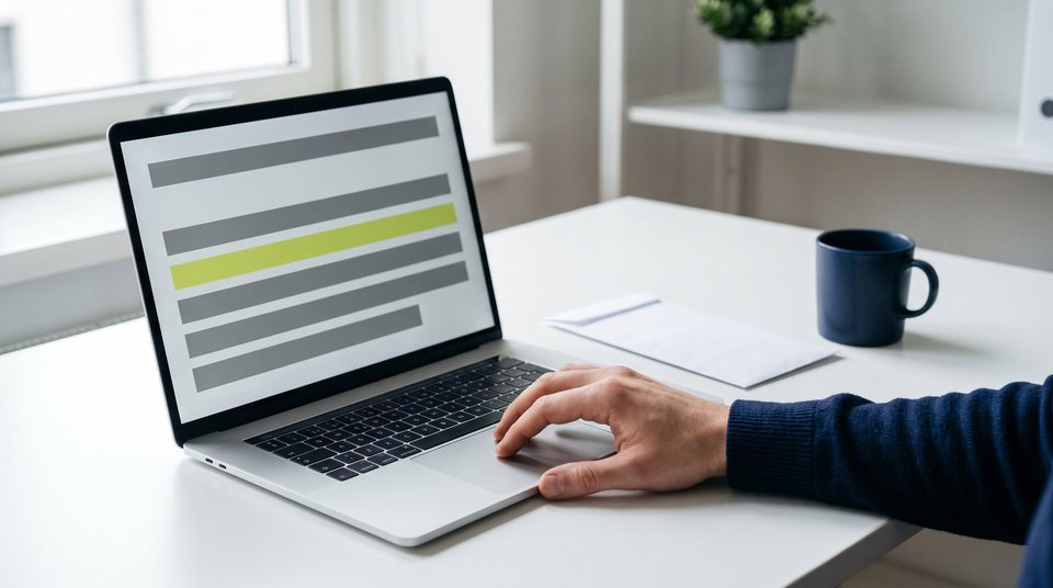 A hand on a laptop trackpad with an email inbox layout on screen, one row highlighted in lime green, beside a navy mug and an envelope