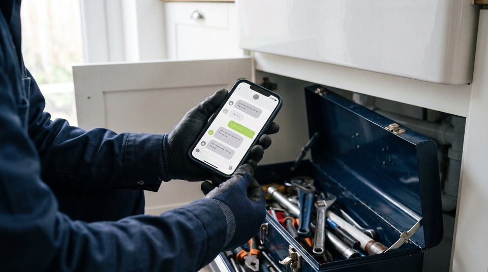 Gloved hands hold a phone showing a text conversation above an open navy toolbox full of wrenches under a sink