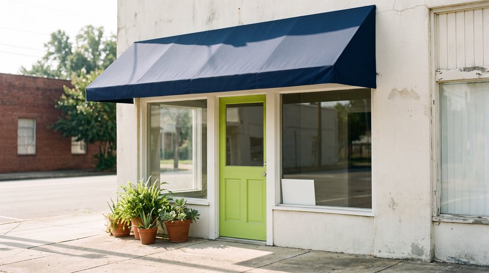 A small service shop storefront with a navy awning, a lime-green front door, large windows and potted plants on the sidewalk