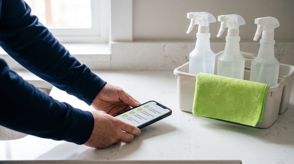 Hands holding a phone showing a checklist with green check marks on a kitchen counter, next to a caddy of spray bottles and a lime-green cloth