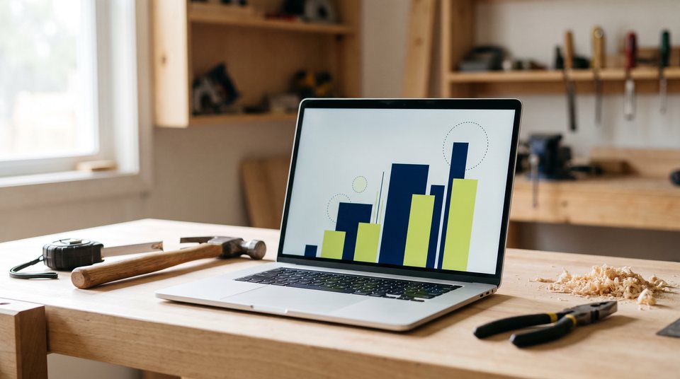 A laptop on a wooden workshop bench shows a navy and lime-green bar chart, with a hammer, a tape measure, pliers and wood shavings nearby