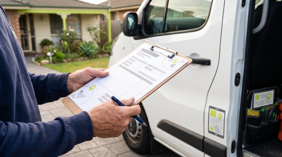 A person holds a clipboard with a printed quote and a pen beside an open white work van parked in a home driveway