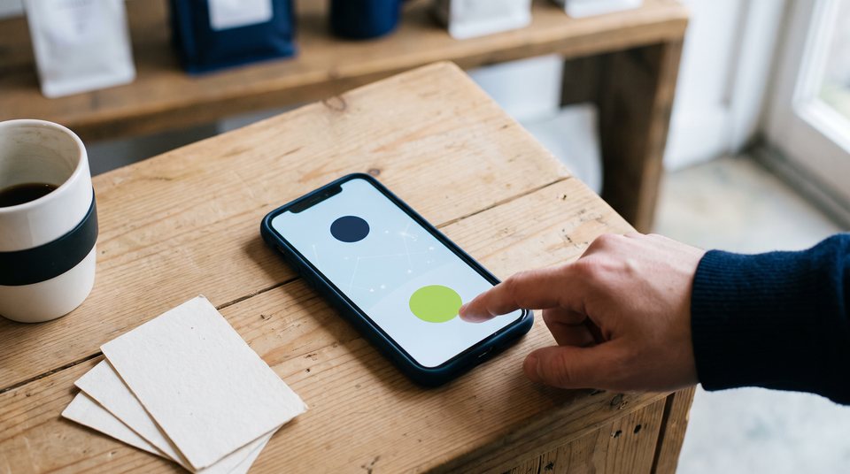 A finger reaches to tap a phone showing an incoming-call style screen on a wooden counter, next to a striped mug and a few blank cards