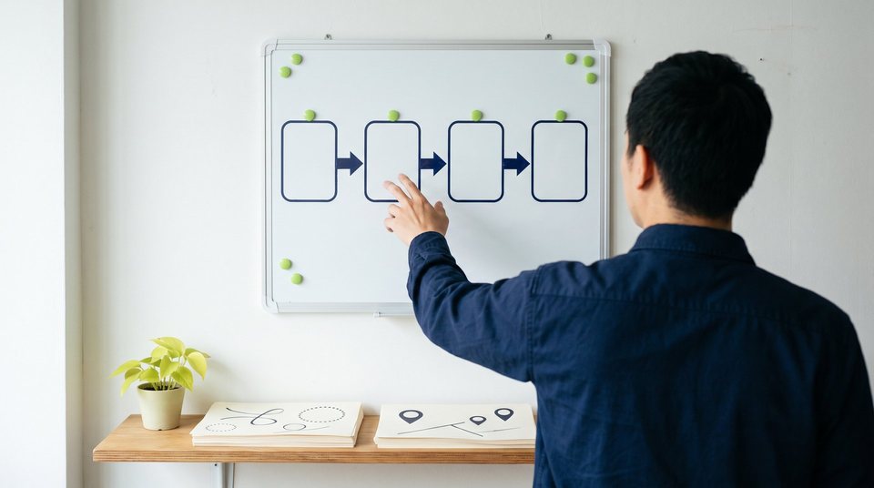 A person points at a whiteboard showing four connected boxes with arrows, a simple step-by-step plan, with a plant and papers on a shelf below