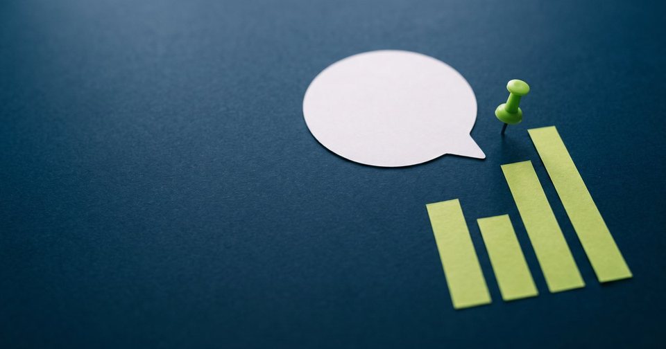 A white paper speech bubble, a lime-green map pin and lime-green bars rising like a chart on a navy background