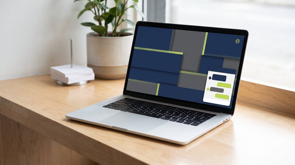 A laptop on a wooden desk shows a website with a small chat window open in the corner, next to a potted plant and a router